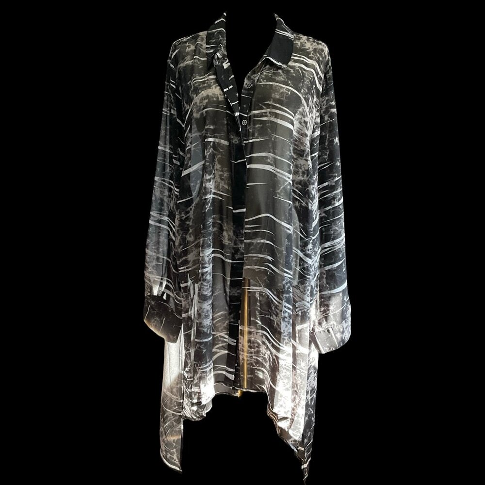 Black/White Abstract Print Long Sleeve Sheer Tunic Blouse